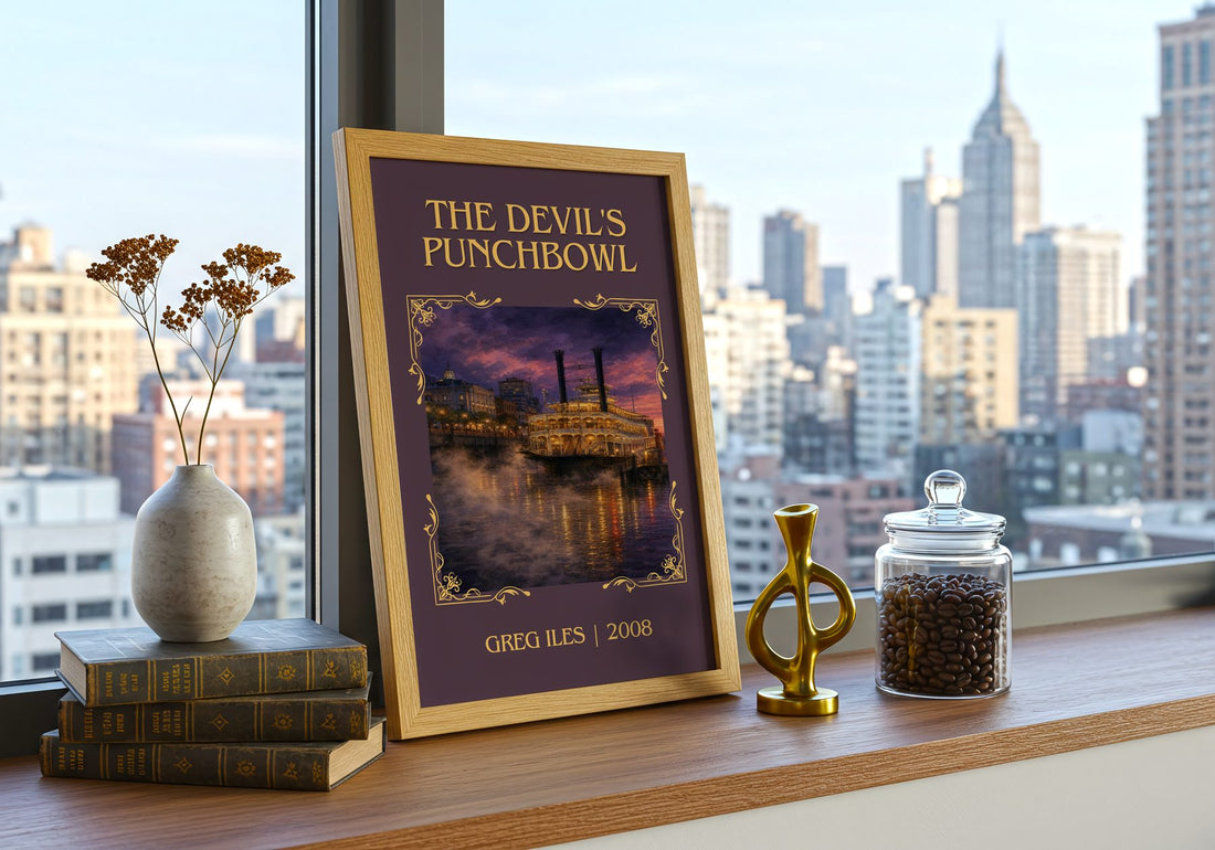 The Devil's Punchbowl Classic Book Art Print by Greg Iles – framed print on a city-view windowsill