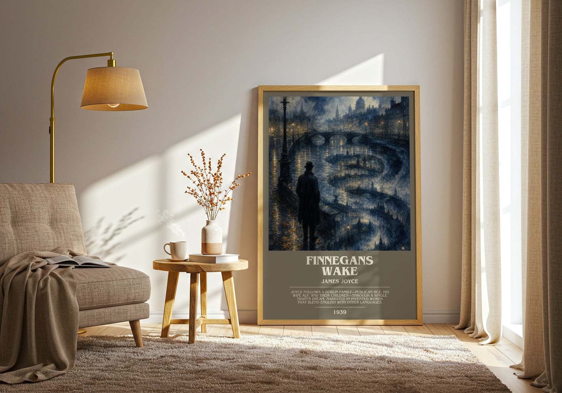 Finnegans Wake bookish print on bookshelf – James Joyce fan gift