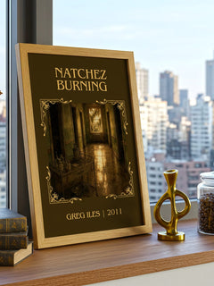 Natchez Burning Classic Book Art Print by Greg Iles – framed print on a city-view windowsill