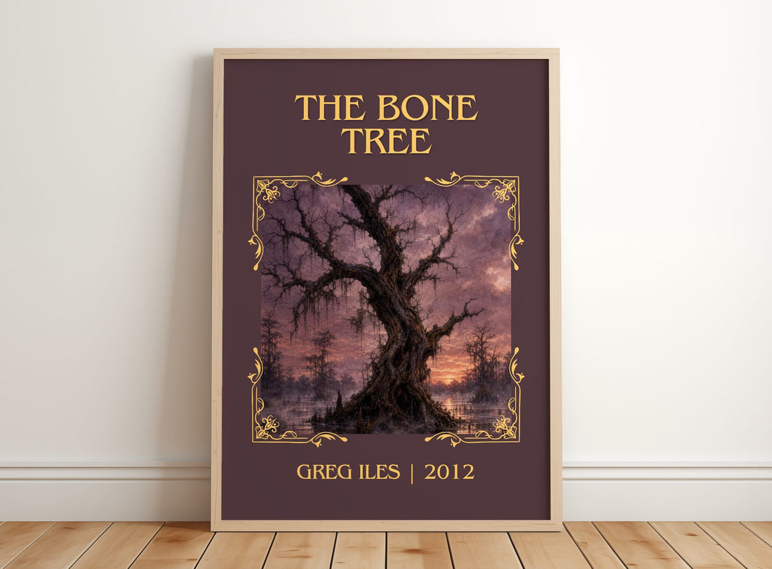 The Bone Tree Classic Book Art Print by Greg Iles – framed print leaning on a wooden floor
