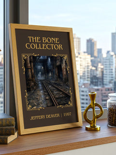 The Bone Collector Classic Book Art Print by Jeffery Deaver – framed print on a city-view windowsill