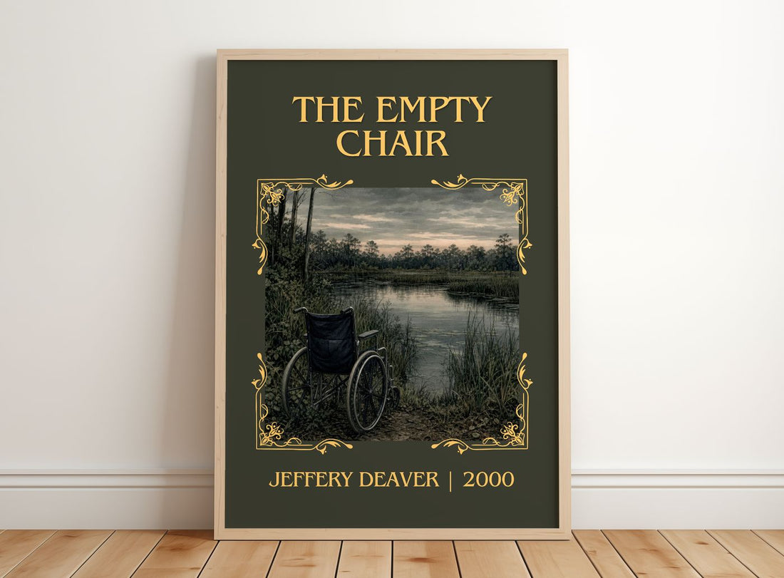 The Empty Chair Classic Book Art Print by Jeffery Deaver – framed print leaning on a wooden floor