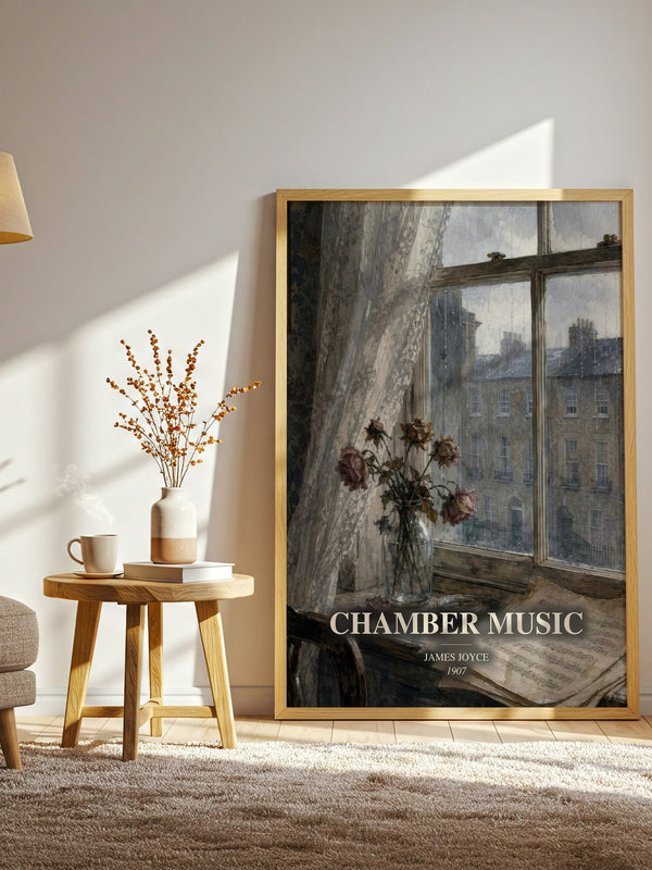 Chamber Music watercolour print in frame leaning in hallway – poetry wall art