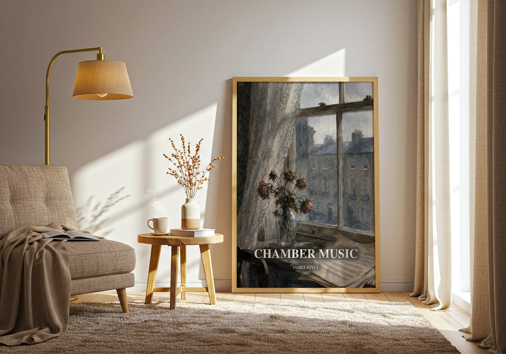 Chamber Music watercolour print in frame leaning in hallway – poetry wall art