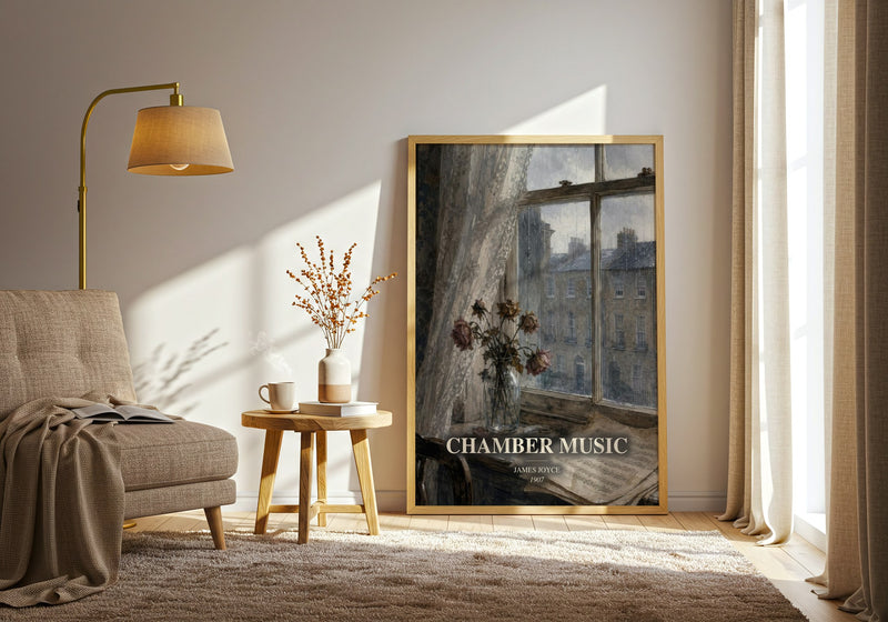 Chamber Music watercolour print in frame leaning in hallway – poetry wall art