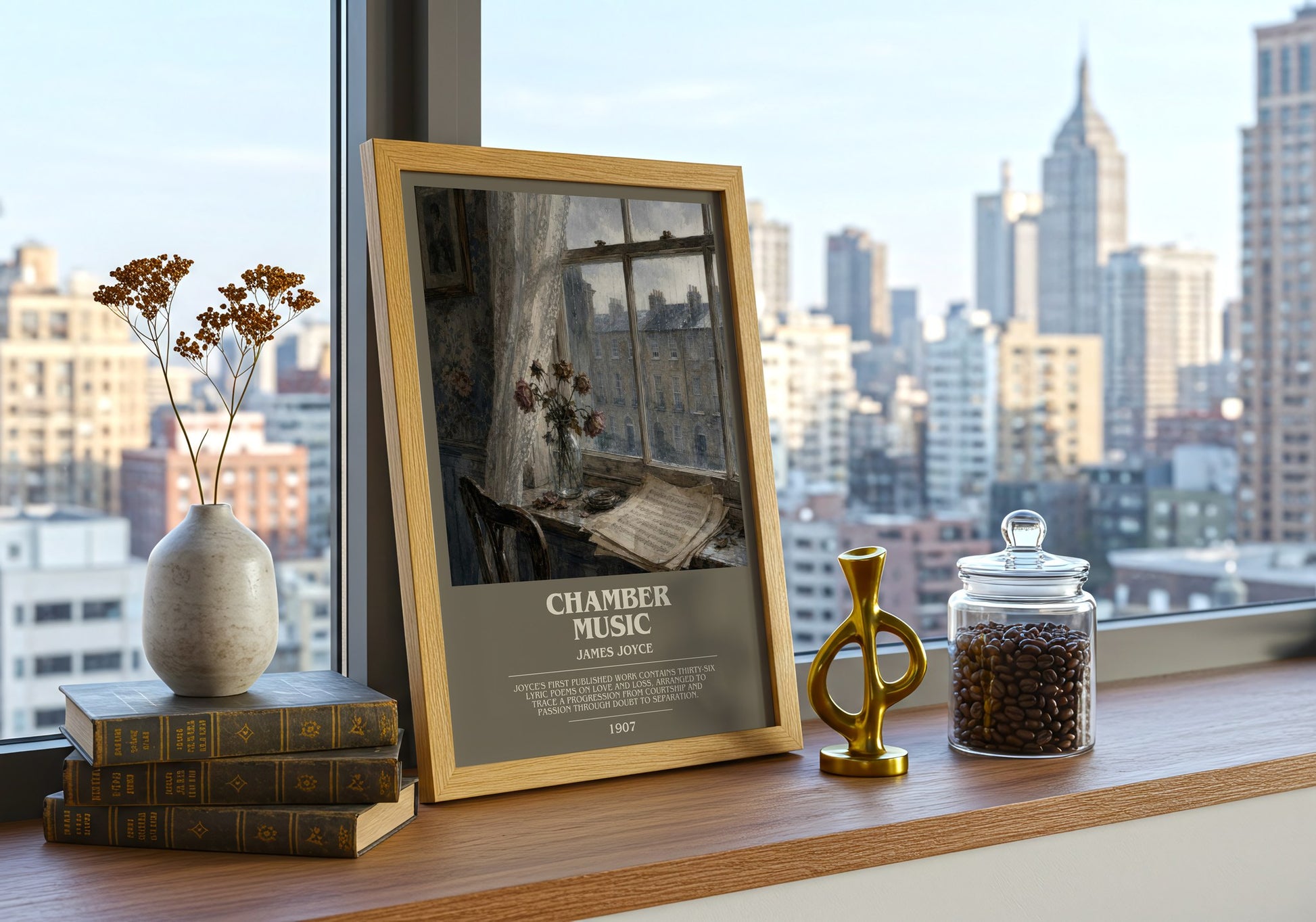 Chamber Music bookish print framed by window – literary home decor