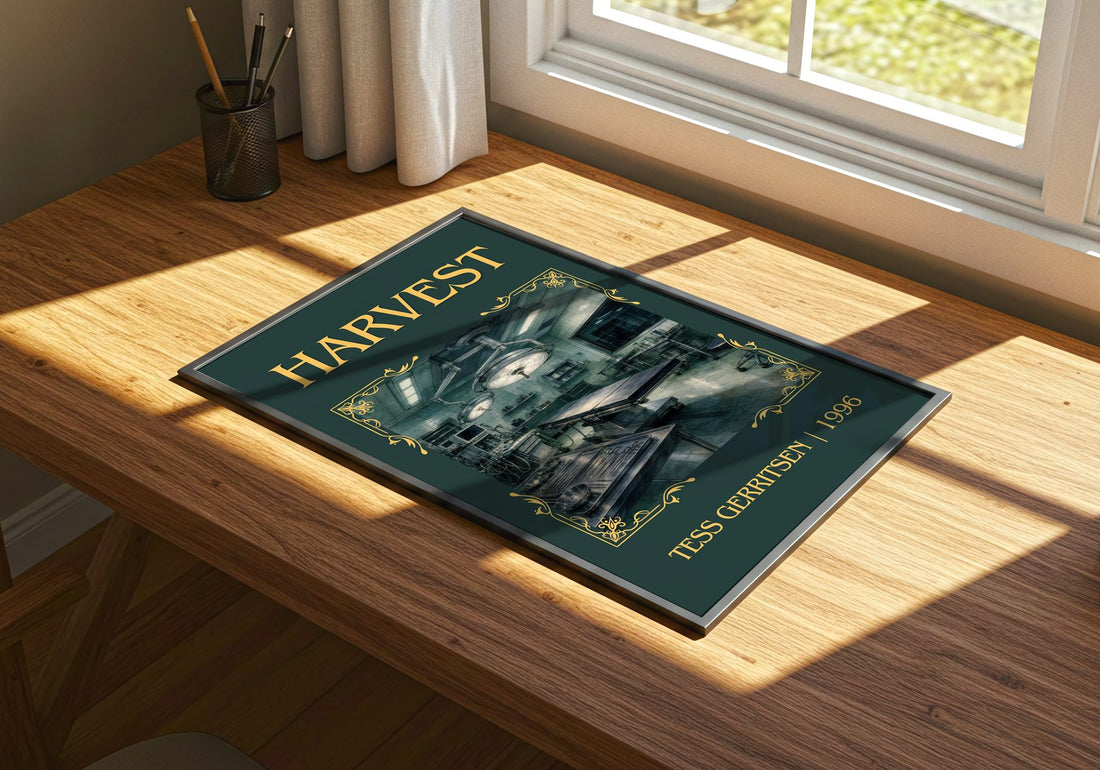 Harvest Classic Book Art Print by Tess Gerritsen – print on a sunlit desk