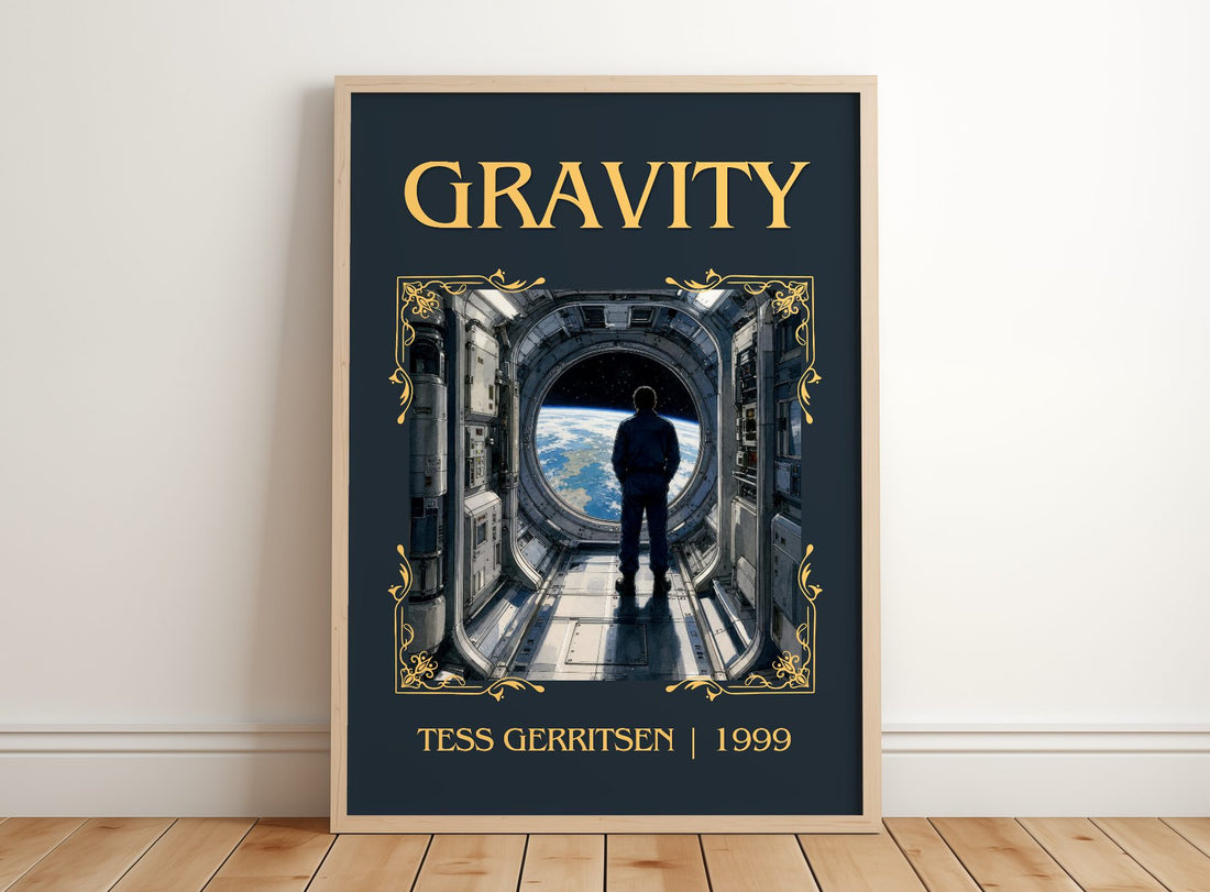 Gravity Classic Book Art Print by Tess Gerritsen – framed print leaning on a wooden floor