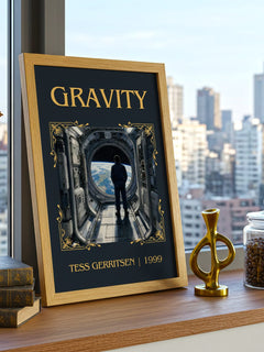 Gravity Classic Book Art Print by Tess Gerritsen – framed print on a city-view windowsill
