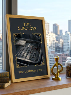 The Surgeon Classic Book Art Print by Tess Gerritsen – framed print on a city-view windowsill