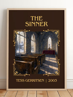 The Sinner Classic Book Art Print by Tess Gerritsen – framed print leaning on a wooden floor