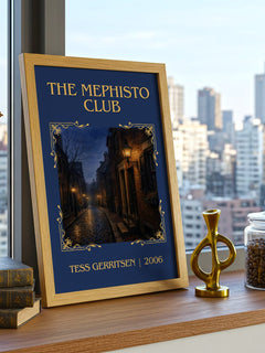 The Mephisto Club Classic Book Art Print by Tess Gerritsen – framed print on a city-view windowsill