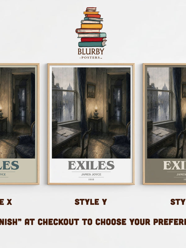 Exiles book cover print in frame leaning in hallway – literary fiction wall art