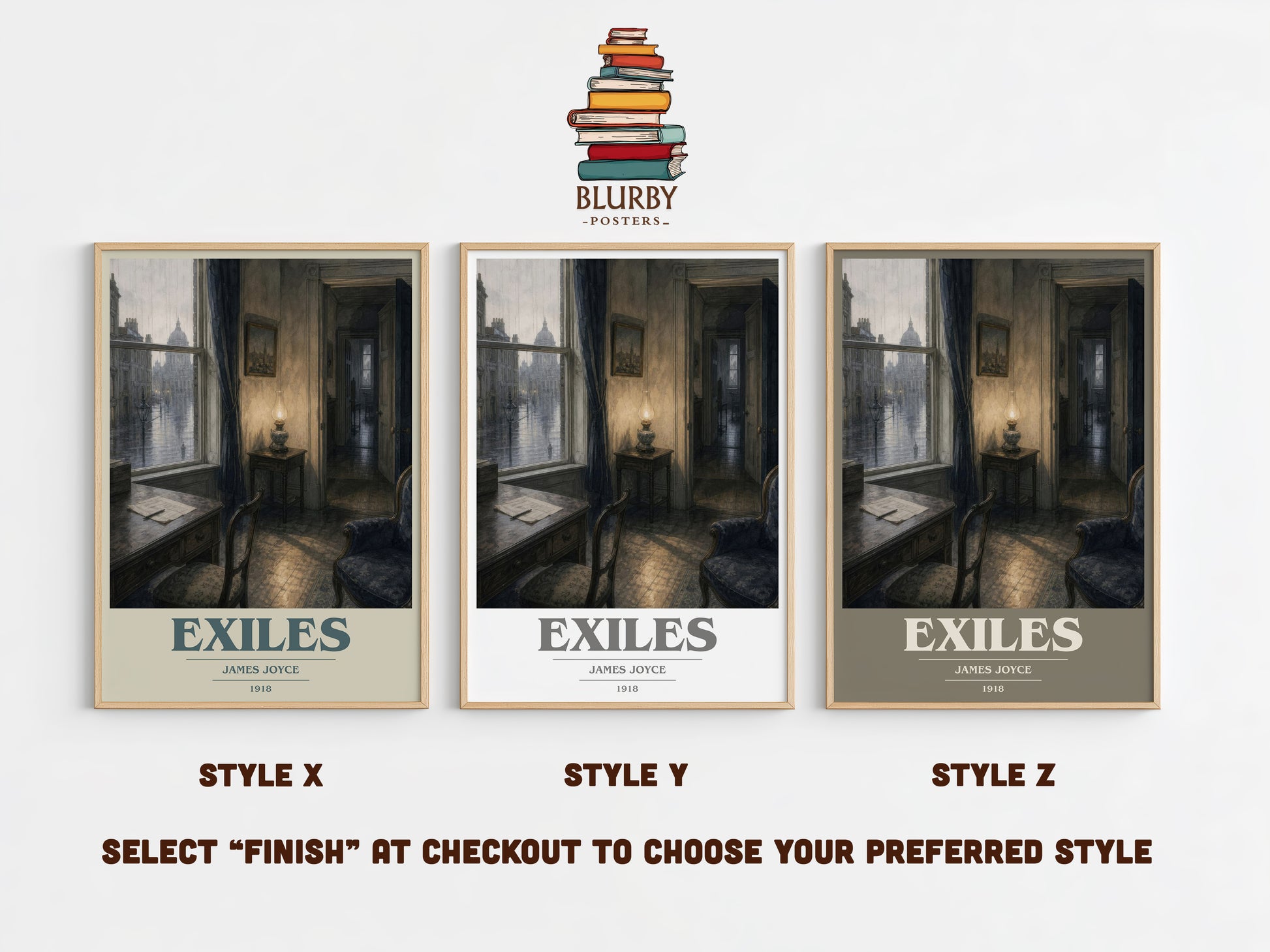 Exiles book cover print in frame leaning in hallway – literary fiction wall art