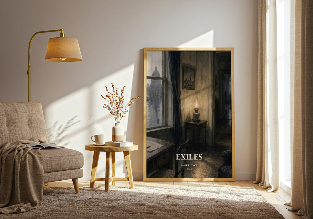 Exiles watercolour print in frame leaning in hallway – literary fiction wall art (mockup)