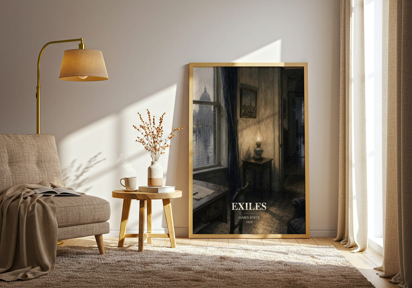 Exiles watercolour print in frame leaning in hallway – literary fiction wall art