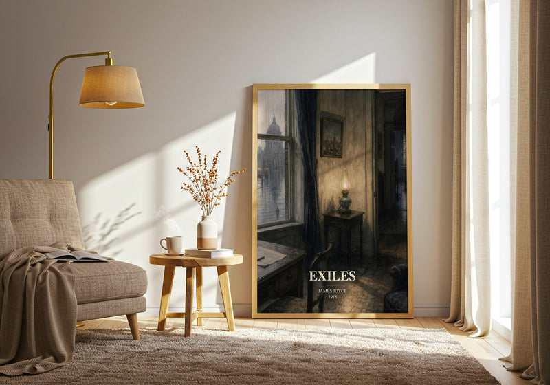 Exiles watercolour print in frame leaning in hallway – literary fiction wall art