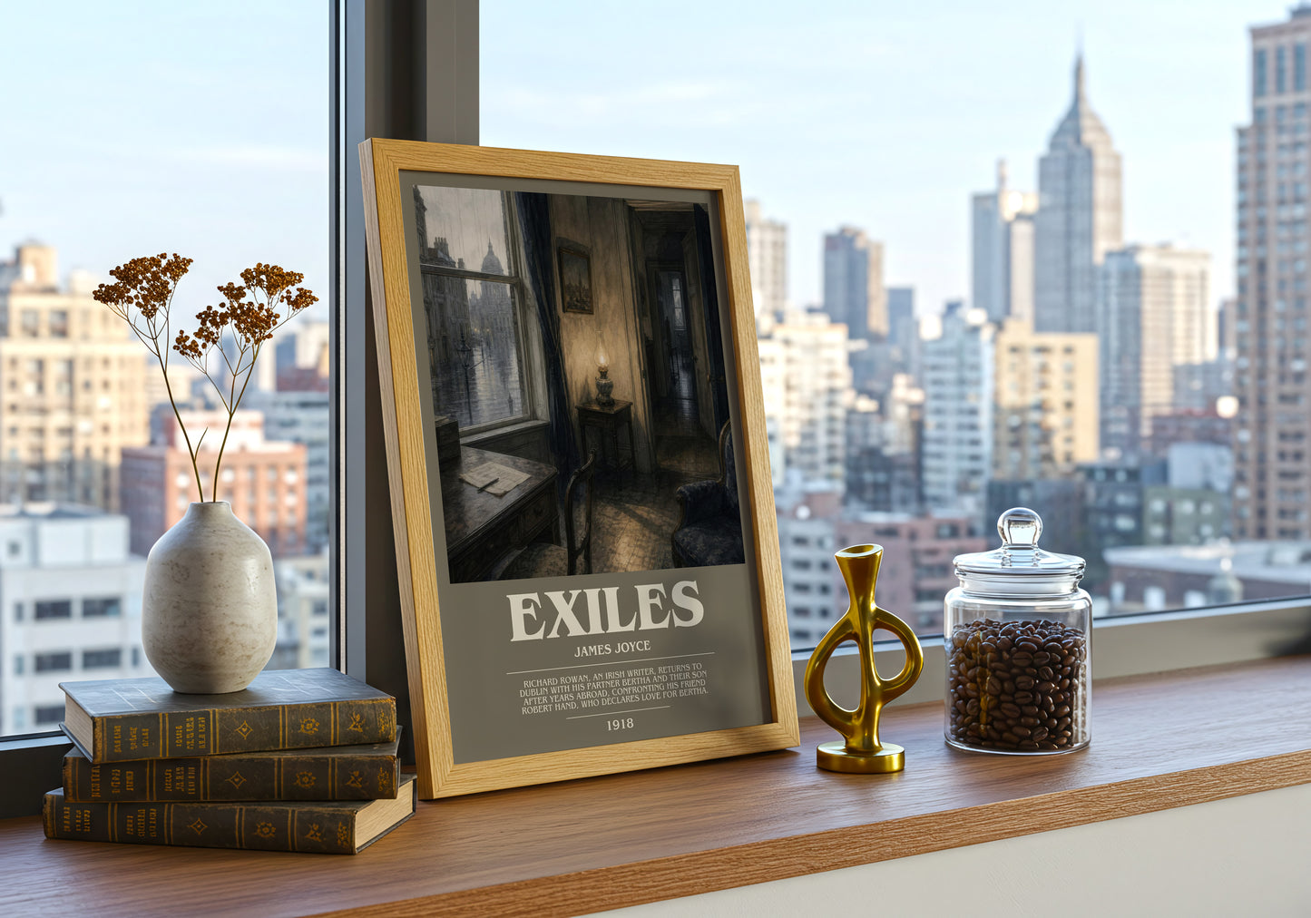 Exiles bookish print framed by window – literary home decor