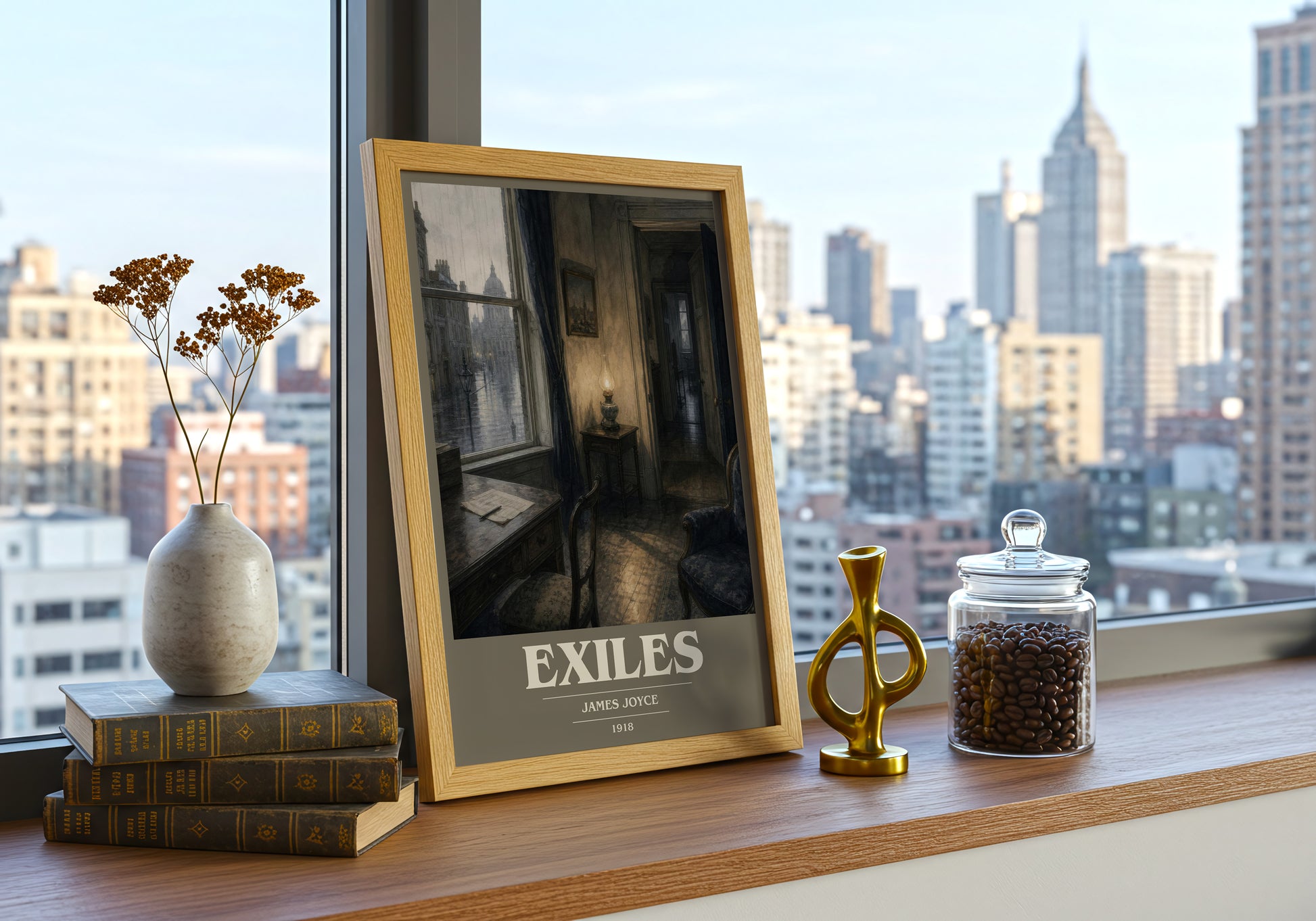 Exiles book cover print framed by window – literary home decor