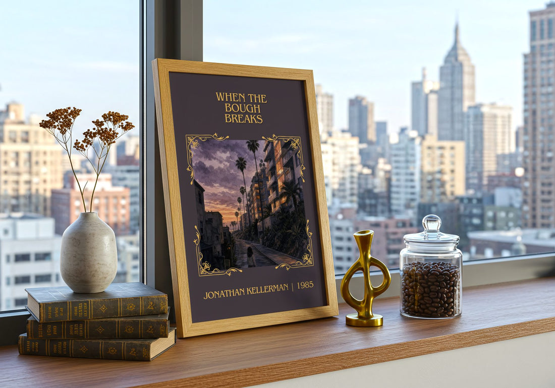 When the Bough Breaks Classic Book Art Print by Jonathan Kellerman – framed print on a city-view windowsill