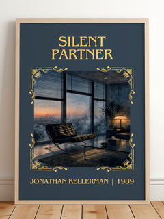 Silent Partner Classic Book Art Print by Jonathan Kellerman – framed print leaning on a wooden floor