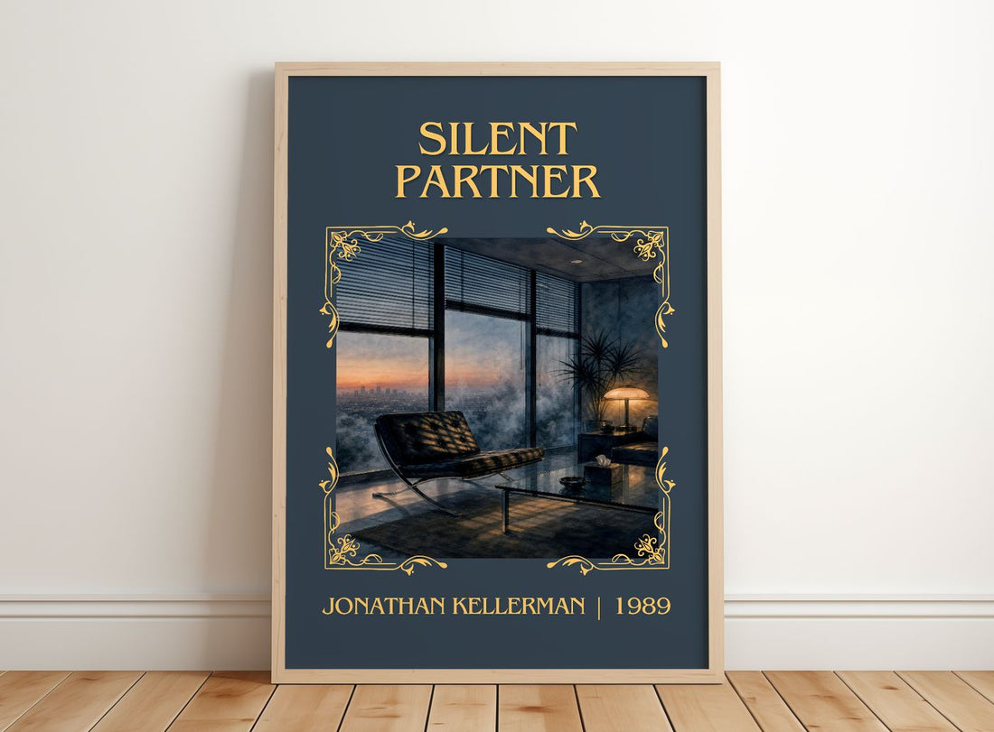 Silent Partner Classic Book Art Print by Jonathan Kellerman – framed print leaning on a wooden floor