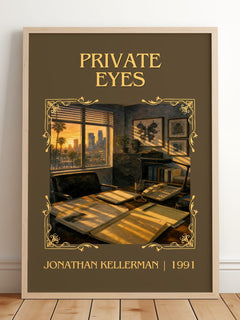 Private Eyes Classic Book Art Print by Jonathan Kellerman – framed print leaning on a wooden floor