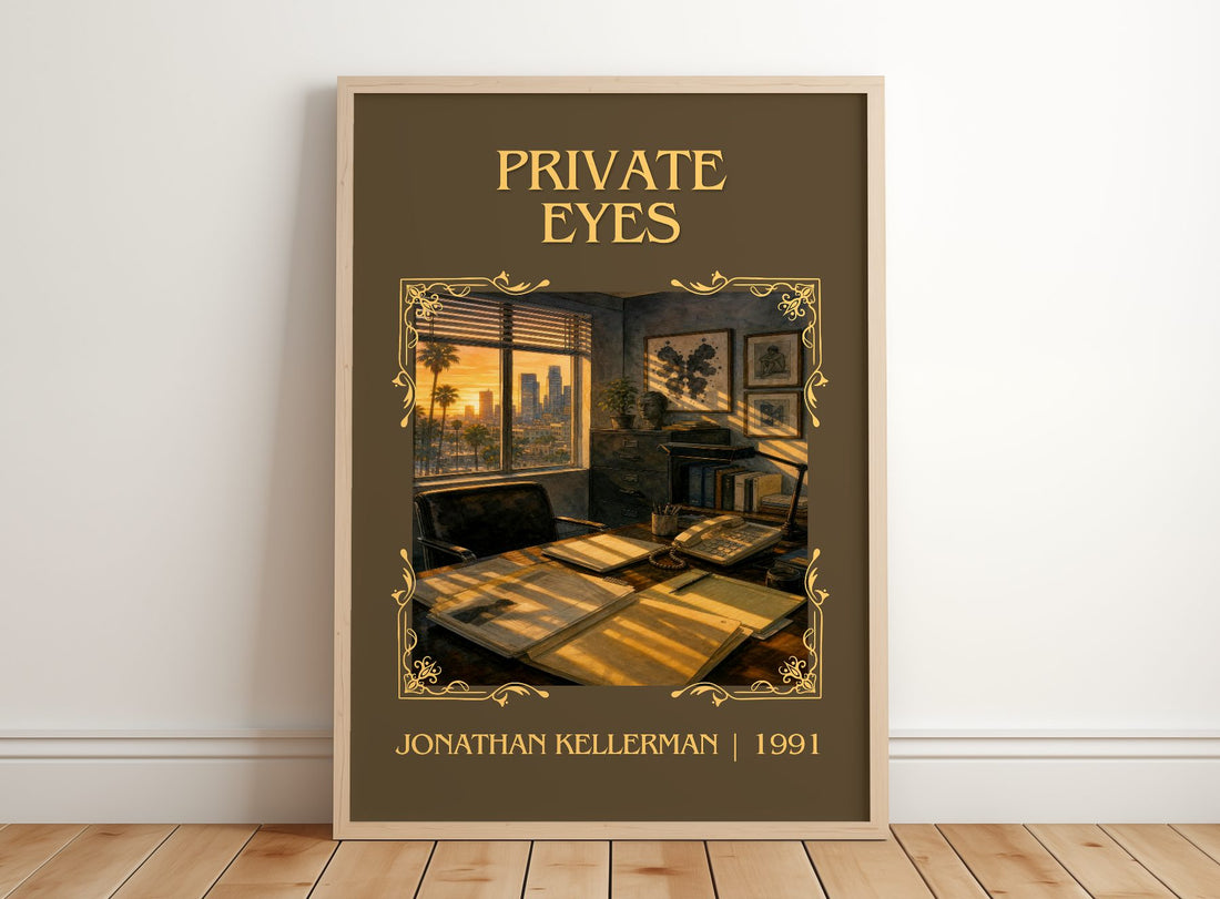 Private Eyes Classic Book Art Print by Jonathan Kellerman – framed print leaning on a wooden floor