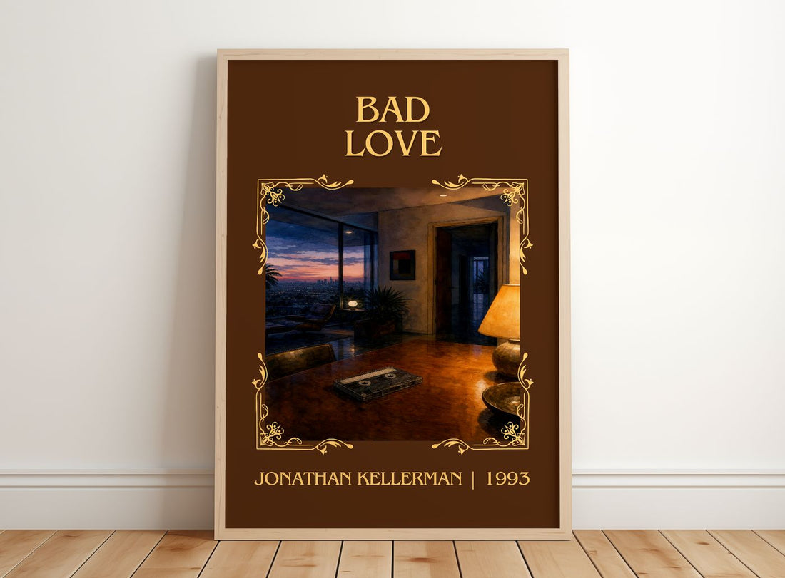 Bad Love Classic Book Art Print by Jonathan Kellerman – framed print leaning on a wooden floor