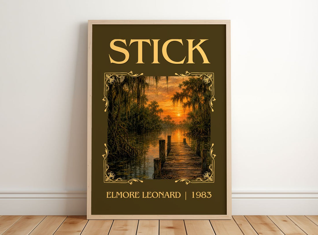 Stick Classic Book Art Print by Elmore Leonard – framed print leaning on a wooden floor