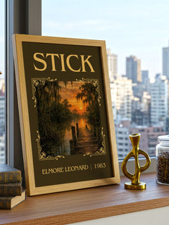 Stick Classic Book Art Print by Elmore Leonard – framed print on a city-view windowsill