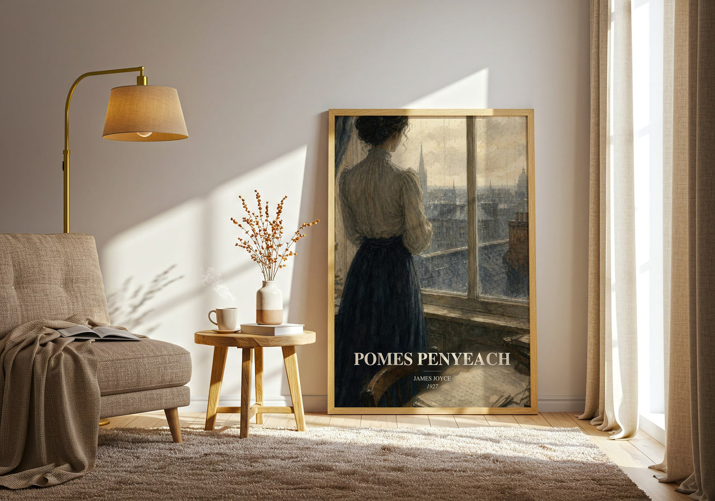 Pomes Penyeach watercolour print in frame leaning in hallway – classic literature wall art