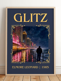 Glitz Classic Book Art Print by Elmore Leonard – framed print leaning on a wooden floor