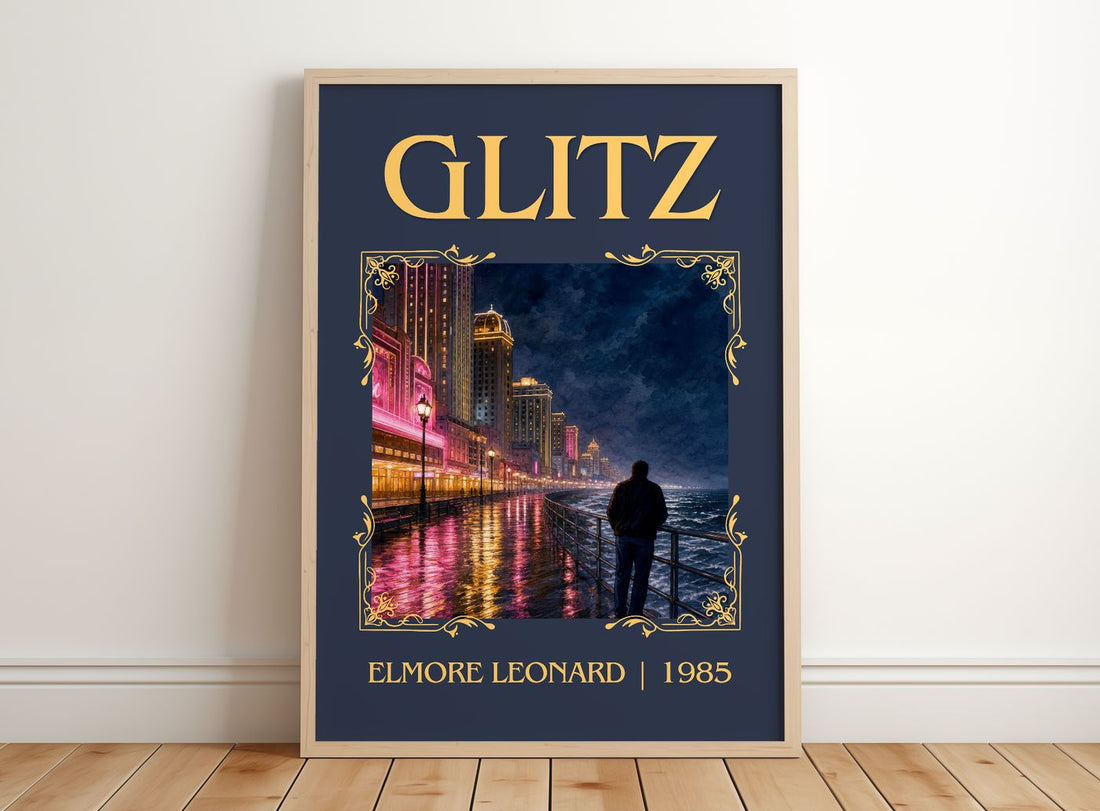 Glitz Classic Book Art Print by Elmore Leonard – framed print leaning on a wooden floor