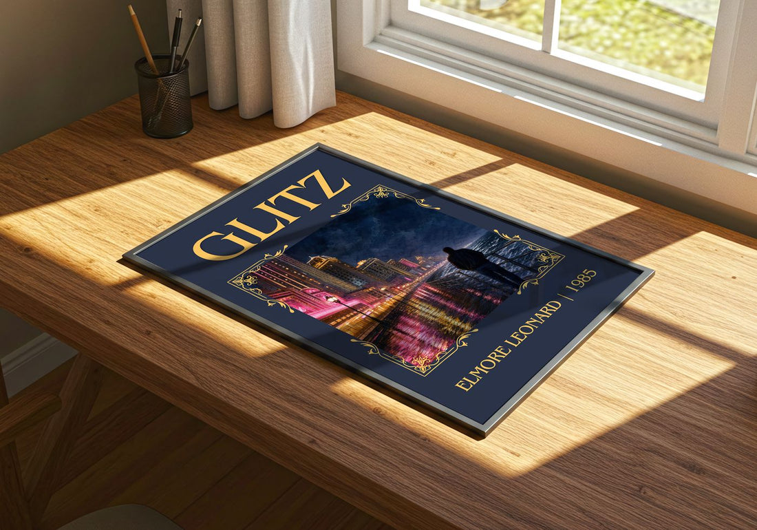 Glitz Classic Book Art Print by Elmore Leonard – print on a sunlit desk