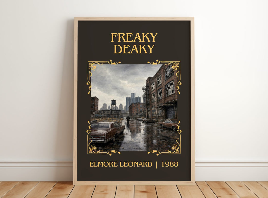 Freaky Deaky Classic Book Art Print by Elmore Leonard – framed print leaning on a wooden floor