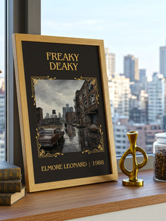 Freaky Deaky Classic Book Art Print by Elmore Leonard – framed print on a city-view windowsill