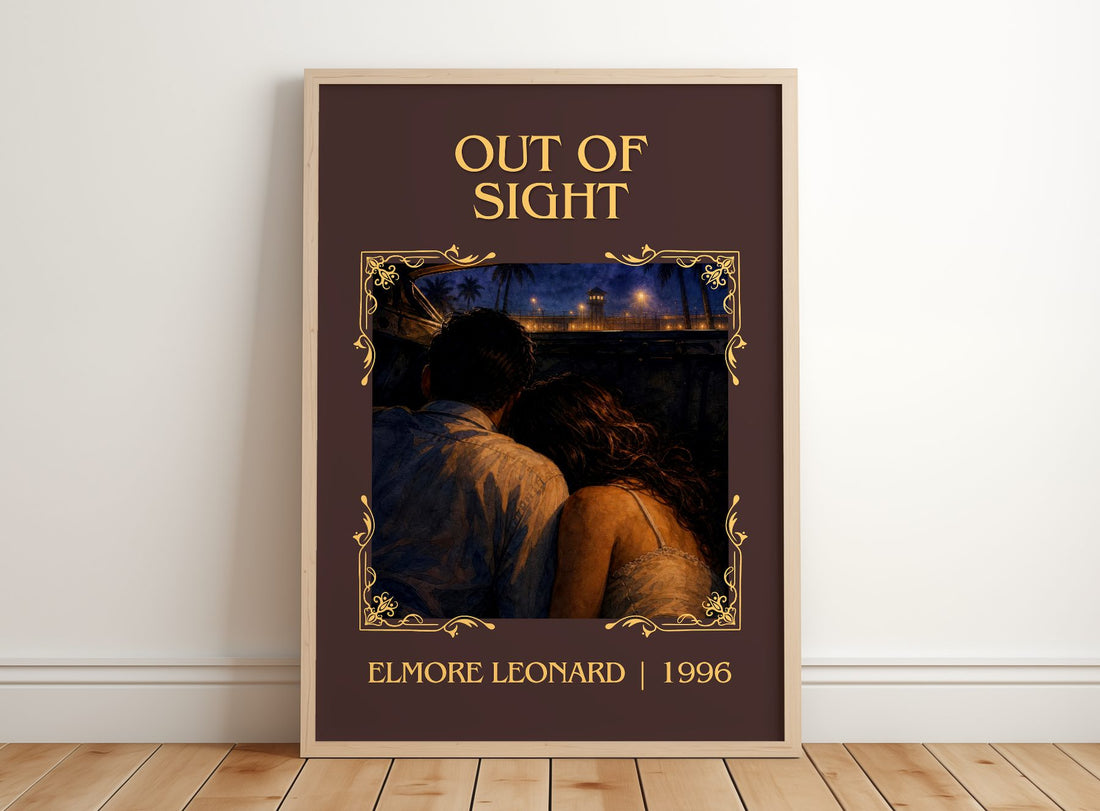 Out of Sight Classic Book Art Print by Elmore Leonard – framed print leaning on a wooden floor