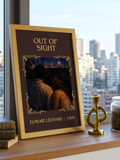 Out of Sight Classic Book Art Print by Elmore Leonard – framed print on a city-view windowsill