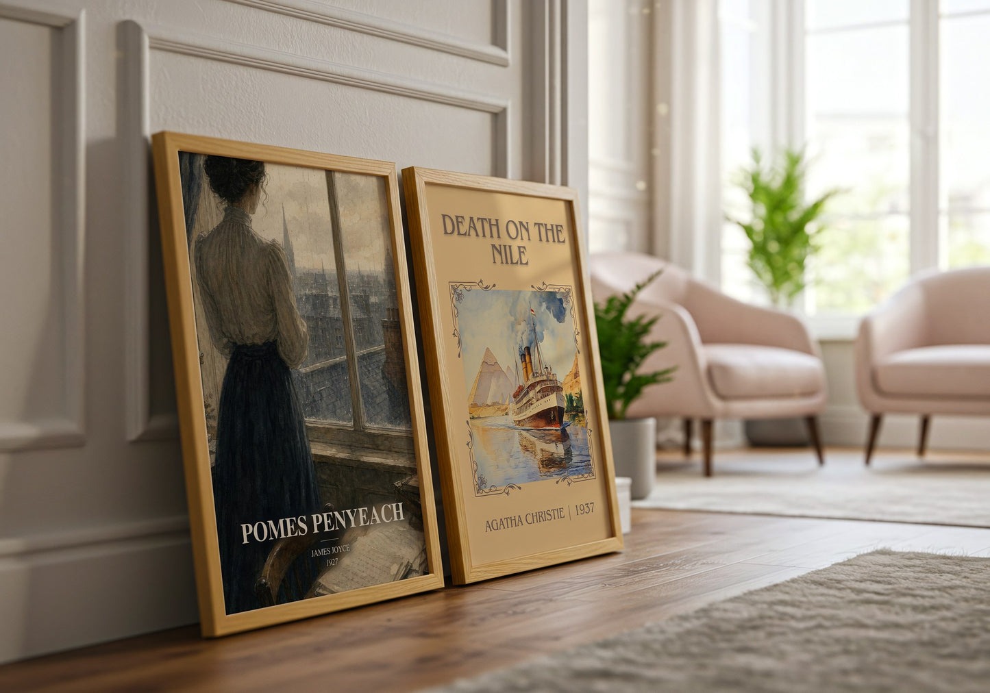Pomes Penyeach watercolour print framed by window – literary home decor