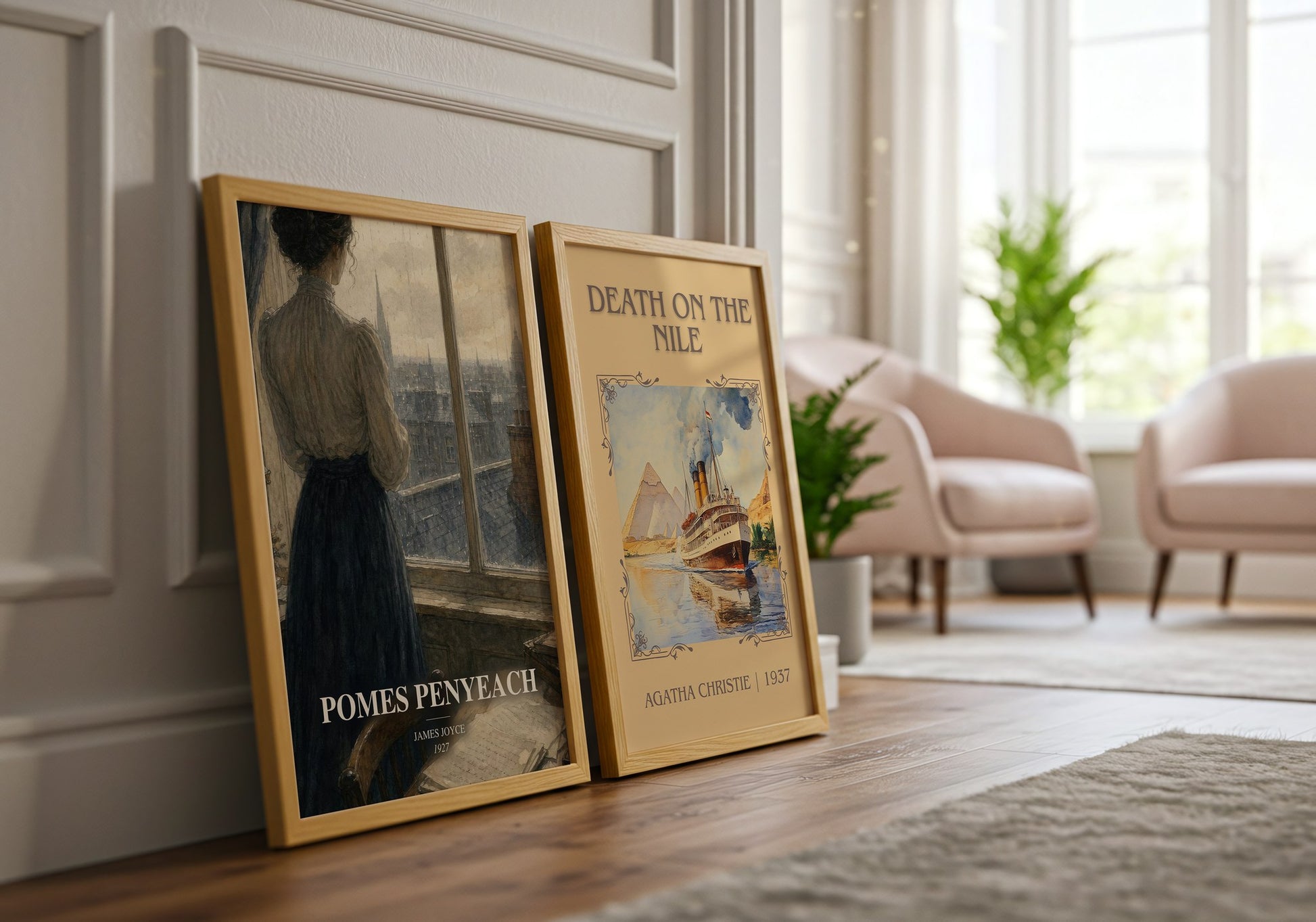Pomes Penyeach watercolour print framed by window – literary home decor