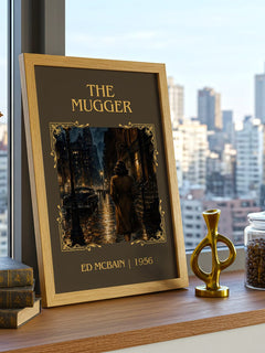 The Mugger Classic Book Art Print by Ed McBain – framed print on a city-view windowsill
