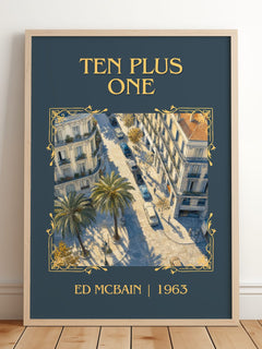 Ten Plus One Classic Book Art Print by Ed McBain – framed print leaning on a wooden floor
