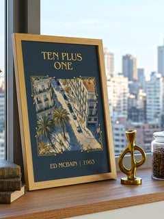 Ten Plus One Classic Book Art Print by Ed McBain – framed print on a city-view windowsill