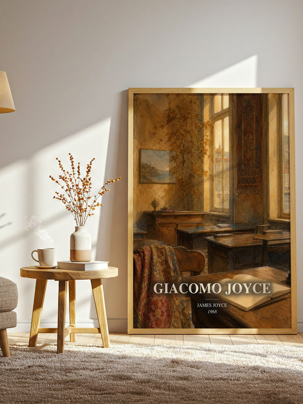 Giacomo Joyce watercolour print in frame leaning in hallway – literary fiction wall art