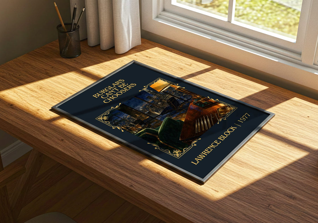 Burglars Can't Be Choosers Classic Book Art Print by Lawrence Block – print on a sunlit desk