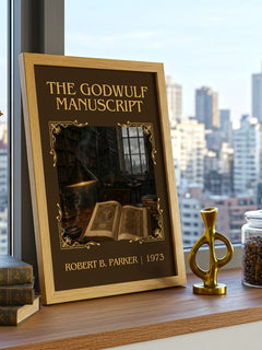 The Godwulf Manuscript Classic Book Art Print by Robert B. Parker – framed print on a city-view windowsill