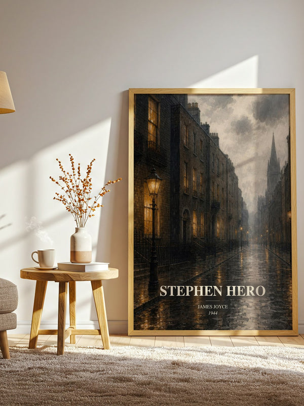 Stephen Hero watercolour print in frame leaning in hallway – coming of age wall art