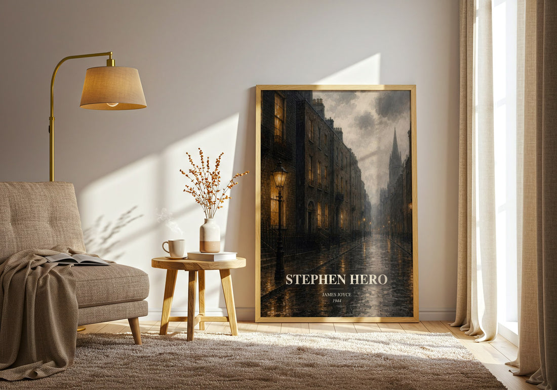 Stephen Hero watercolour print in frame leaning in hallway – coming of age wall art (mockup)