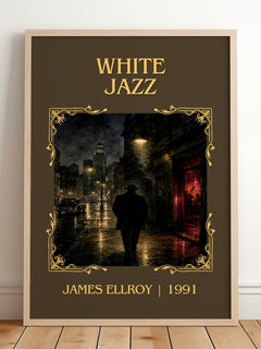 White Jazz Classic Book Art Print by James Ellroy – framed print leaning on a wooden floor